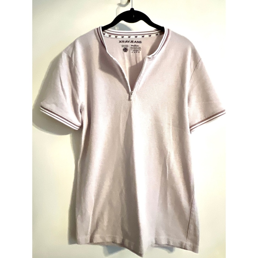 XRAY Jeans Men's Medium Quarter Zip Shirt Pink Textured Short Sleeve Stretch